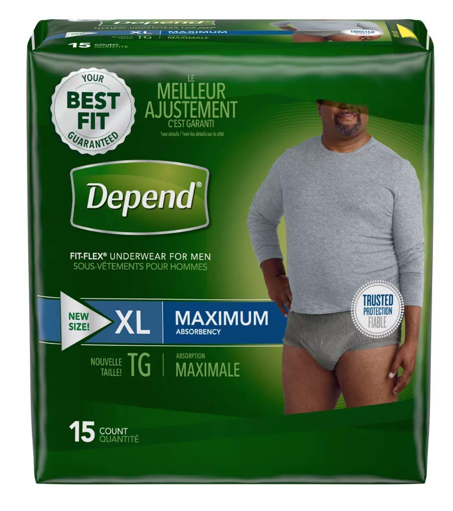 Depend Men Fit-Flex Max XL underwear pack shot showing discreet design and fit
