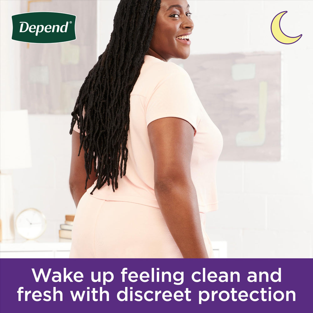 Depend Night Defense nighttime use scene emphasizing overnight protection