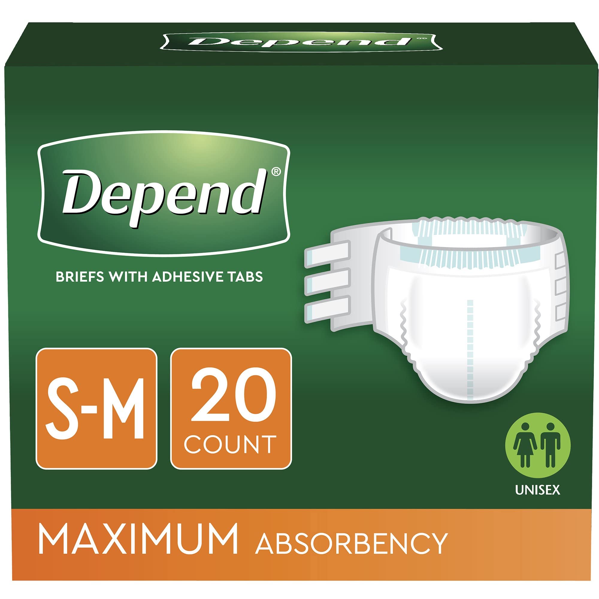Front of box highlights Depend Protection with Tabs, 20-count.