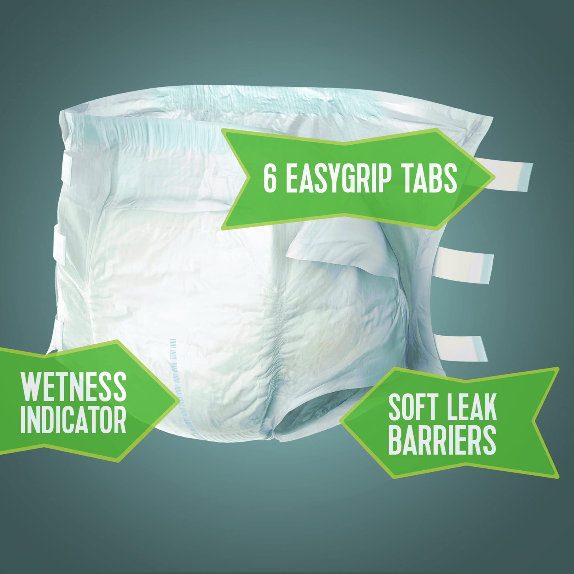 Back panel features Depend Protection with Tabs details.