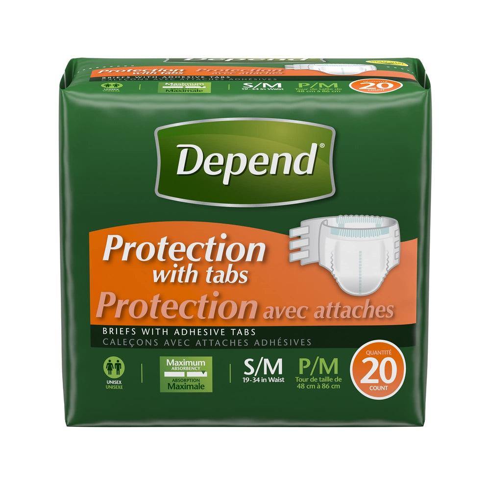 Depend Protection with Tabs packaging, 20-count box for easy restocking.