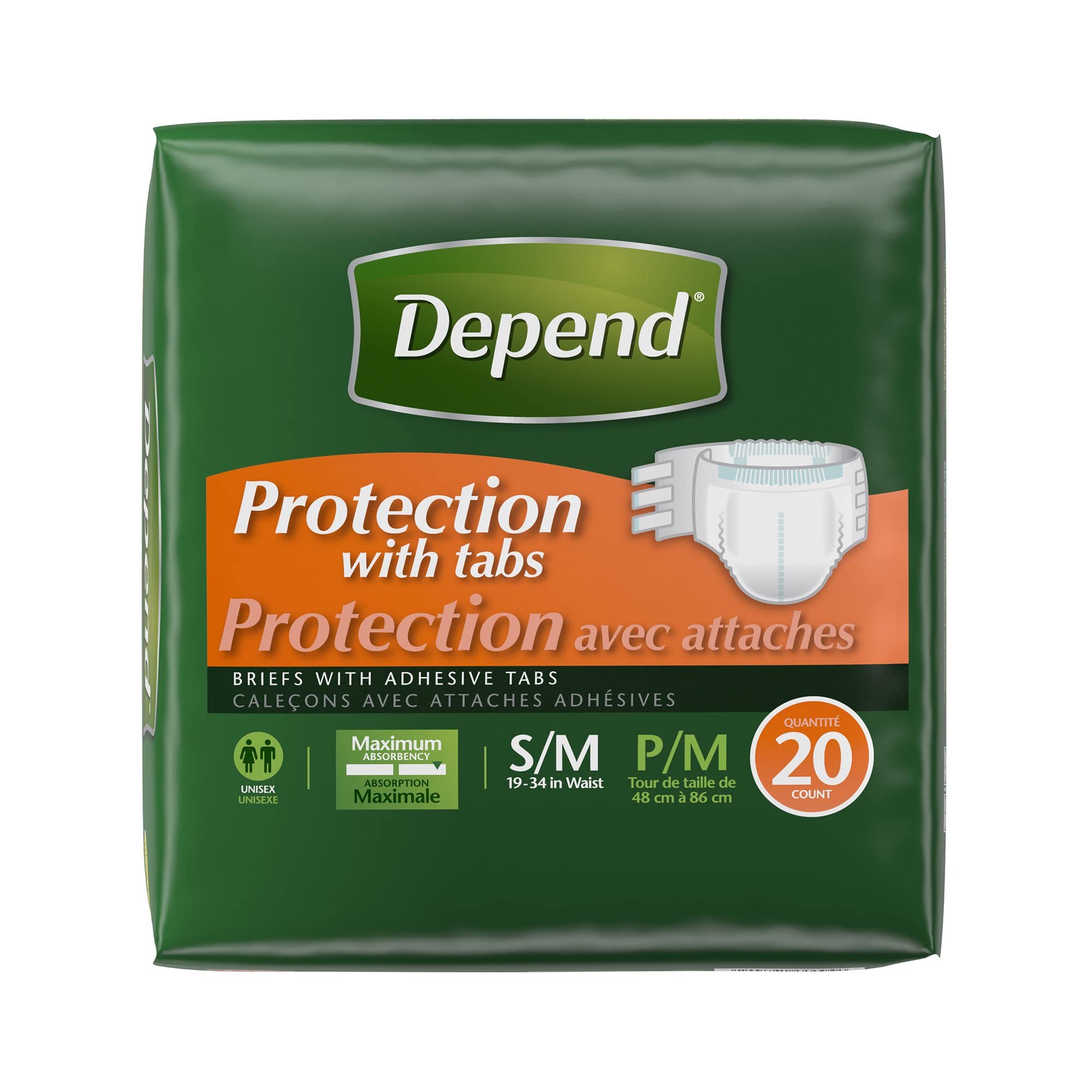 Waist range label shows 19-34 inches for Depend Protection with Tabs.