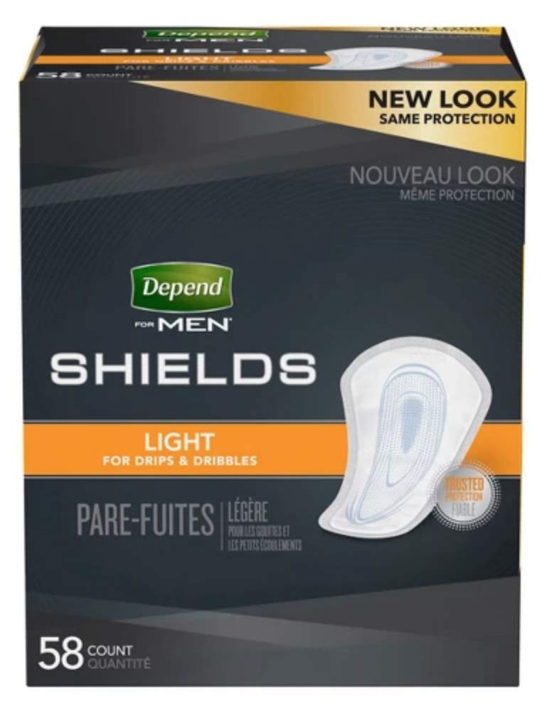 Depend Shields for Men packaging with discreet gray pouch for portable protection.
