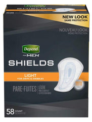 Depend Shields for Men packaging with discreet gray pouch for portable protection.