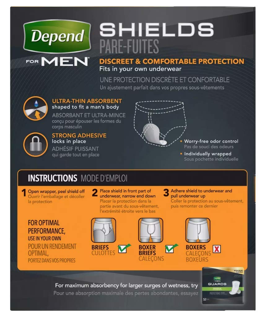 Ultra-thin Depend Shields for Men pad in briefs provides discreet protection.