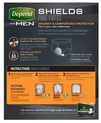 Ultra-thin Depend Shields for Men pad in briefs provides discreet protection.