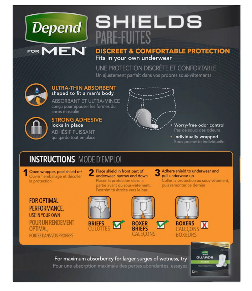 Depends Men Shields discreet packaging keeps protection ready for on-the-go use.