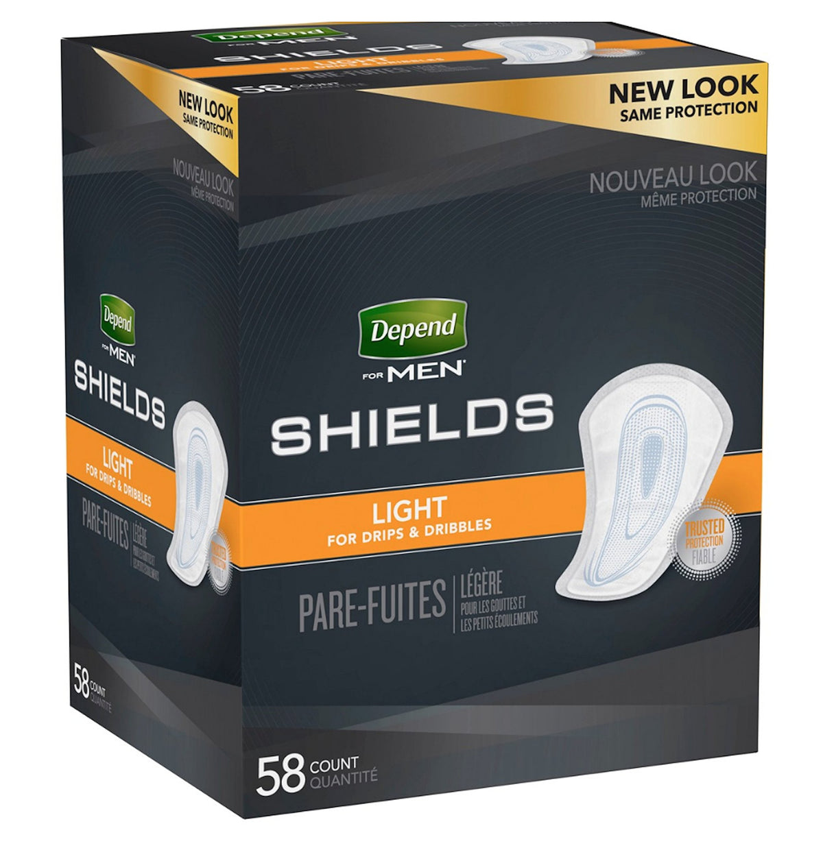 Depends Men Shields front-adhesion pad in briefs for secure, discreet protection.