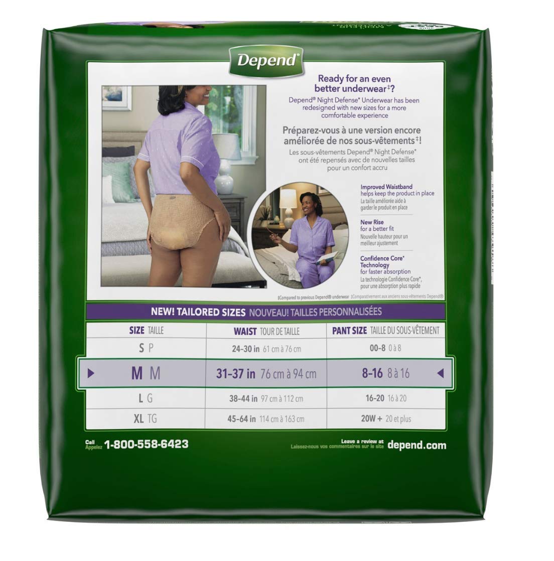 Depends Women maximum absorbency for nighttime protection and odor control.