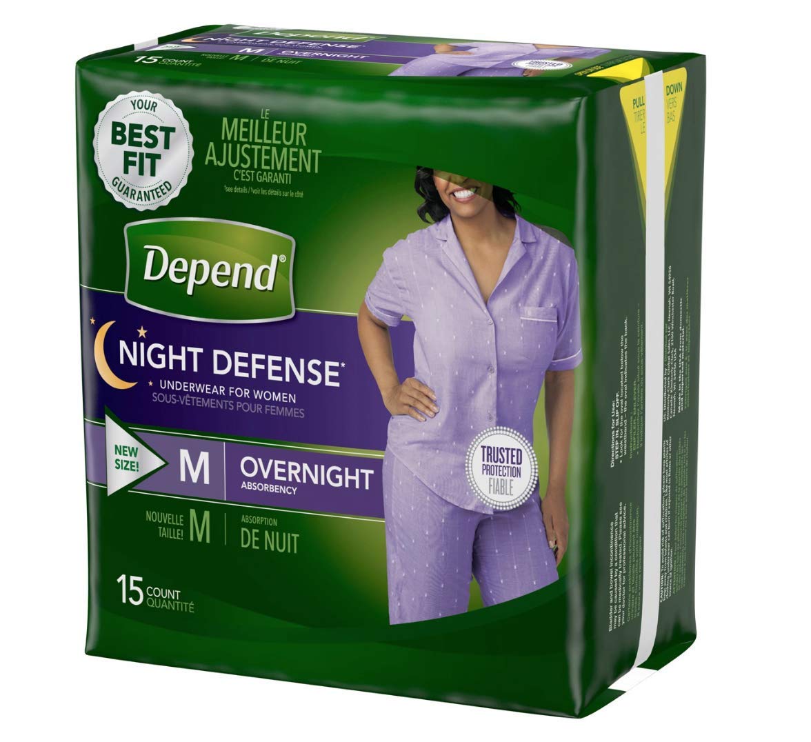 Depends Women medium night defense underwear with snug waistband for secure overnight wear.