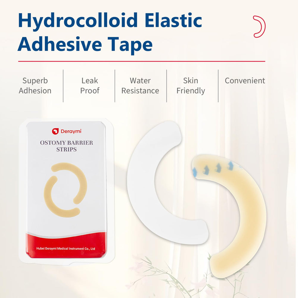 DERAYMI ostomy barrier-strip application close-up highlights gentle adhesion and secure fit.