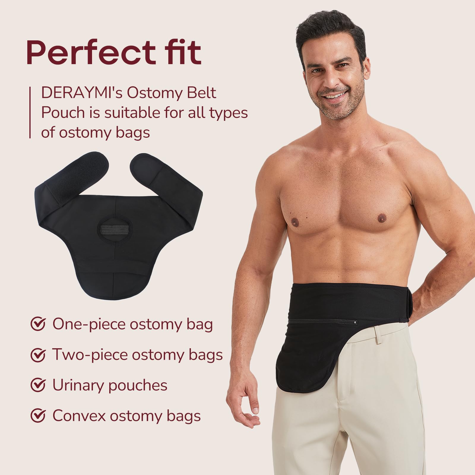 DERAYMI ostomy belt in use showing flexible fit and movement