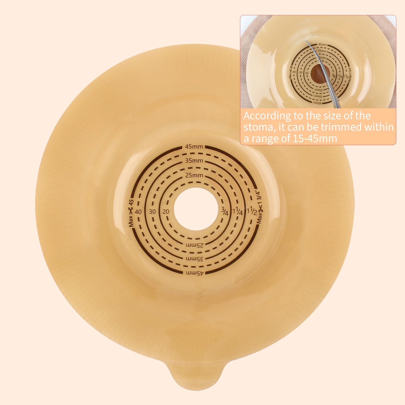 DERAYMI stoma measurement card helps trim to fit accurately.
