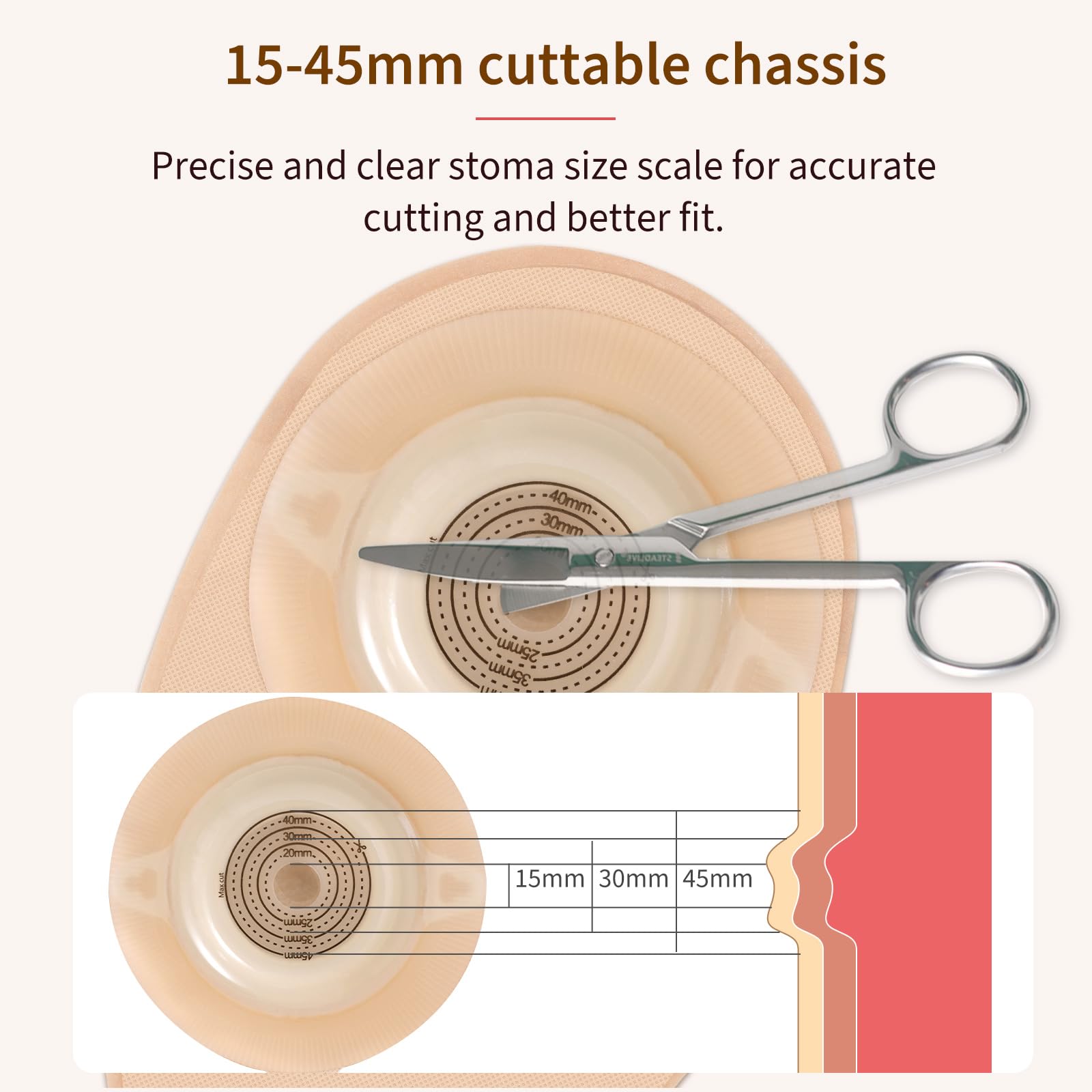 DERAYMI stoma measuring ruler for accurate cut-to-fit 20–45 mm size.