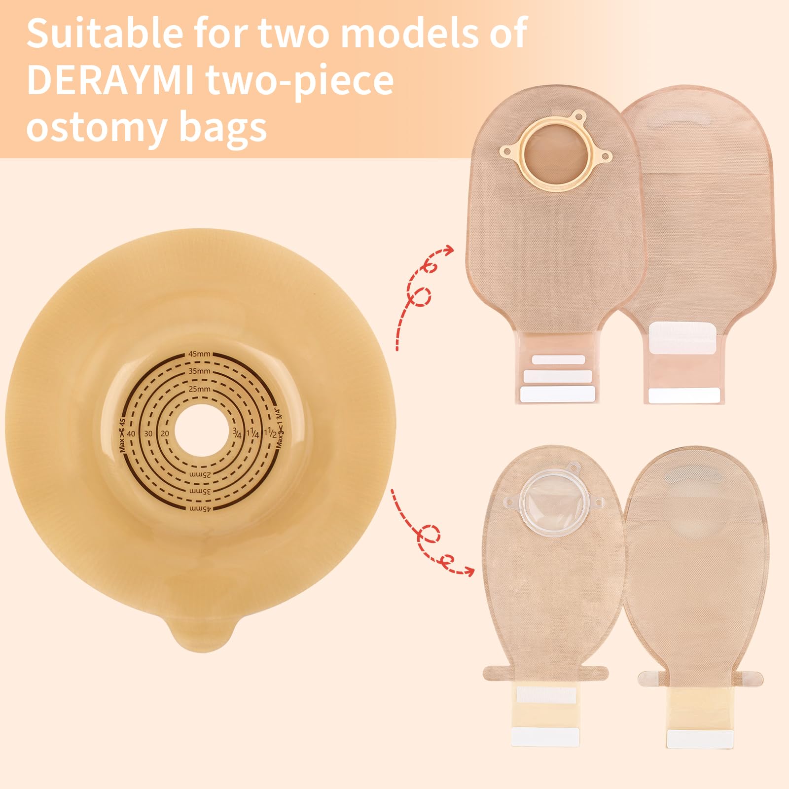 DERAYMI two-piece ostomy compatibility for flexible system options.