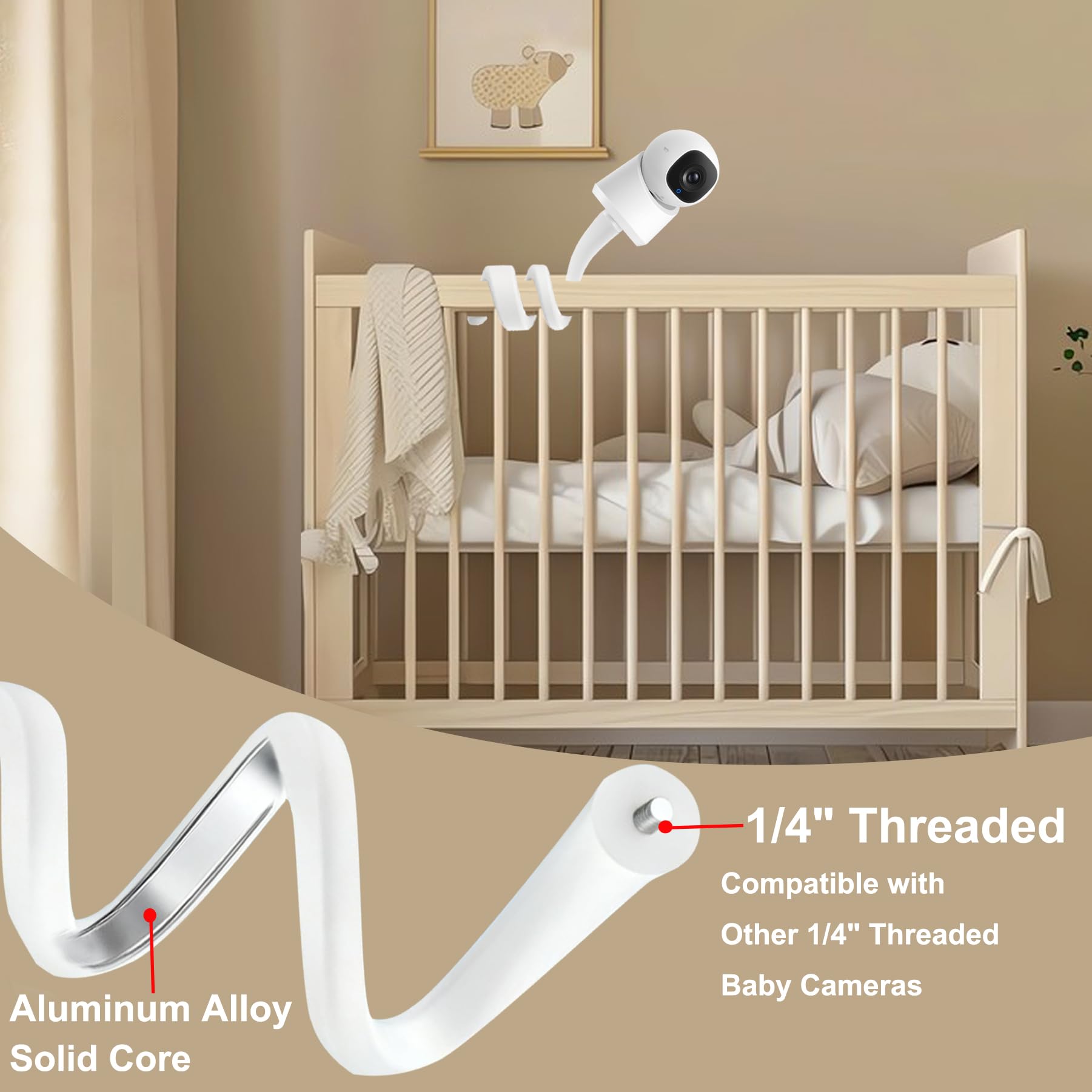 Derebir flexible holder attaches to crib for safe, non-drill positioning.