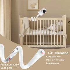 Derebir flexible holder attaches to crib for safe, non-drill positioning.