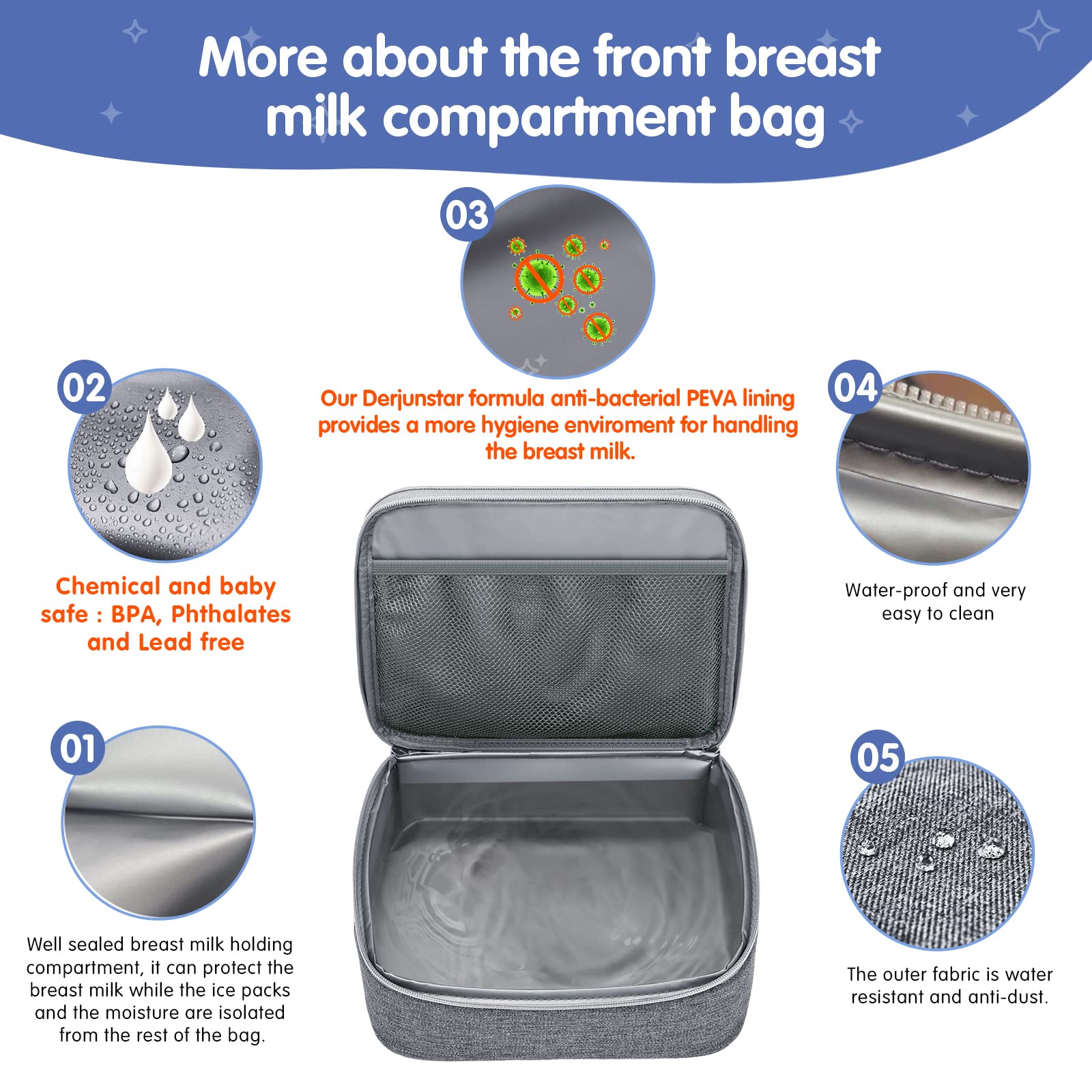 Derjunstar cooler compartment keeps milk fresh during commutes and daycare visits.