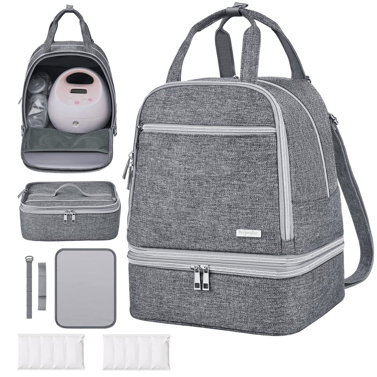 Derjunstar breast pump bag front view for discreet daily carry and easy access.