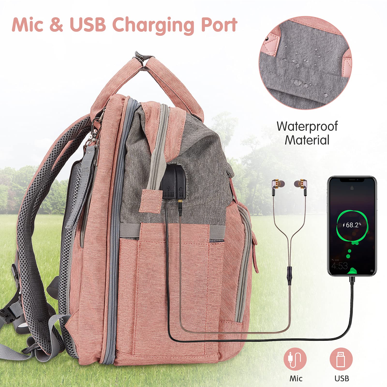DERJUNSTAR diaper bag backpack washable changing pad supports quick diaper changes.