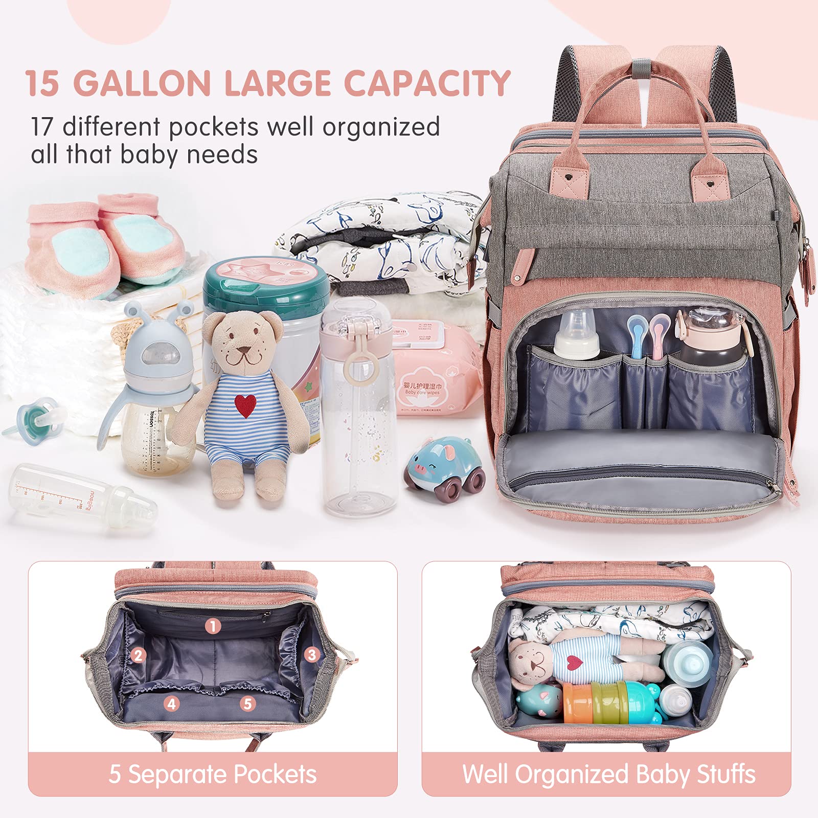 DERJUNSTAR diaper bag backpack large capacity holds diapers, bottles, clothes for travel.