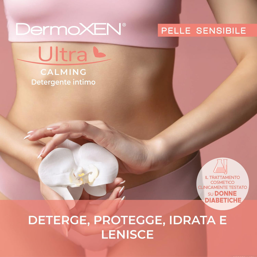 DERMOXEN UltraCalming wash label closeup highlighting pH-balanced formulation.