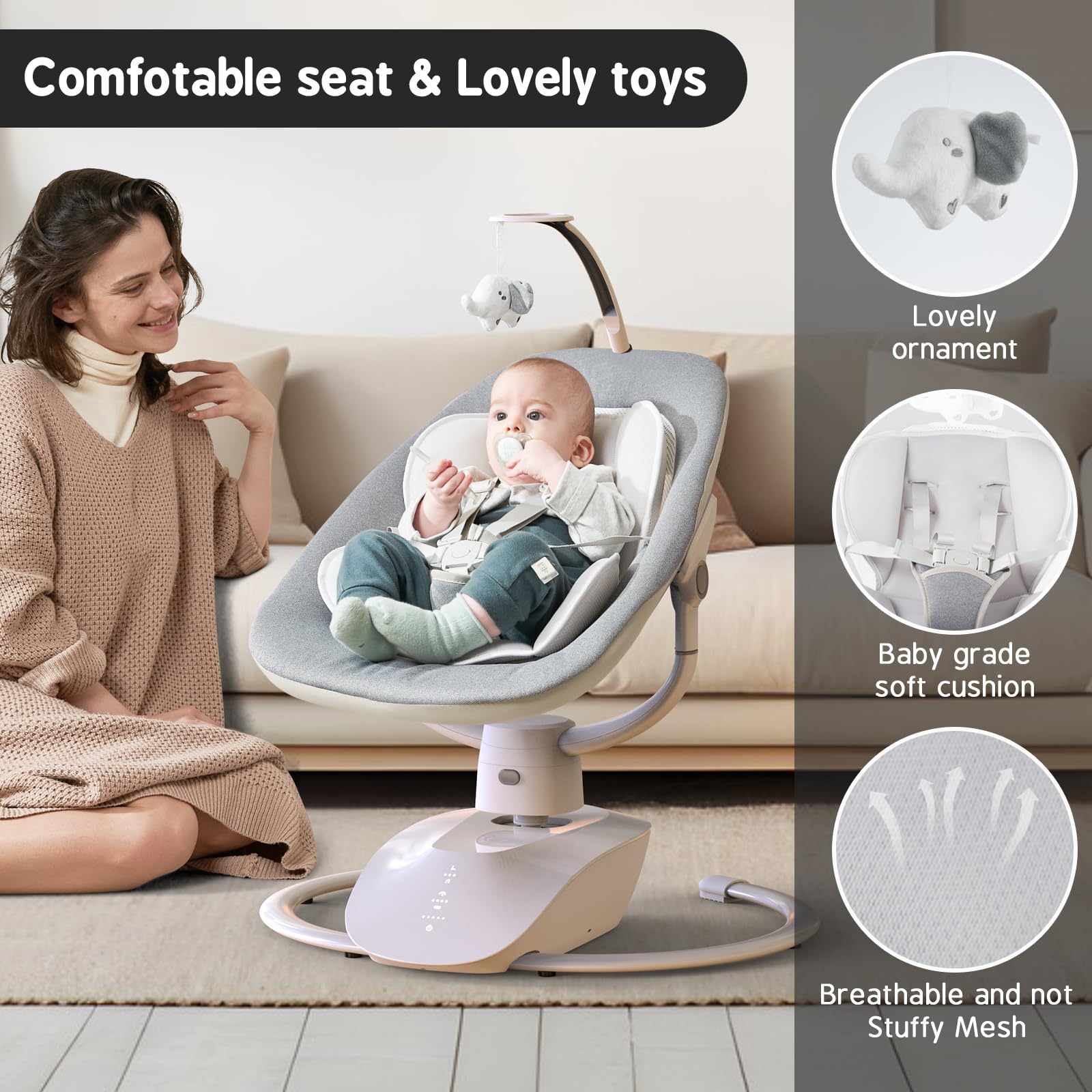 Derson Baby Swing includes 8 lullabies to create a calming atmosphere.