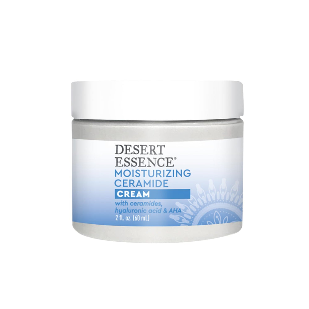 Desert Essence Ceramide Cream closeup shows ceramides and hyaluronic acid for moisture support.