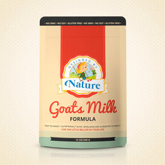 Designed by Nature Goat Milk Formula tub closeup, highlighting pure, easy-to-digest nutrition.