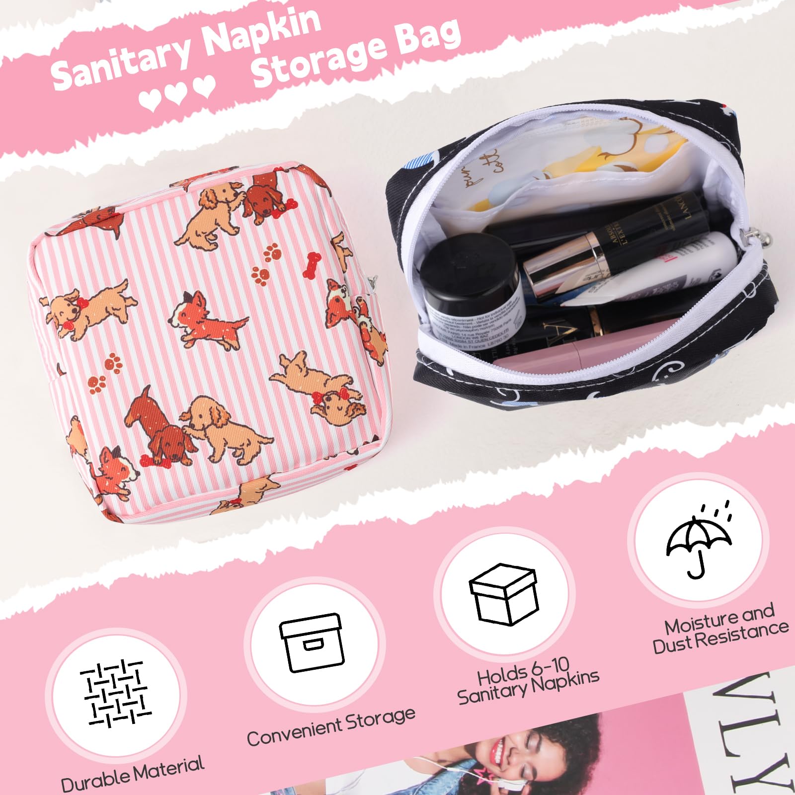 Multifunctional zipper pouch stores cosmetics, jewelry, and small essentials with pads.