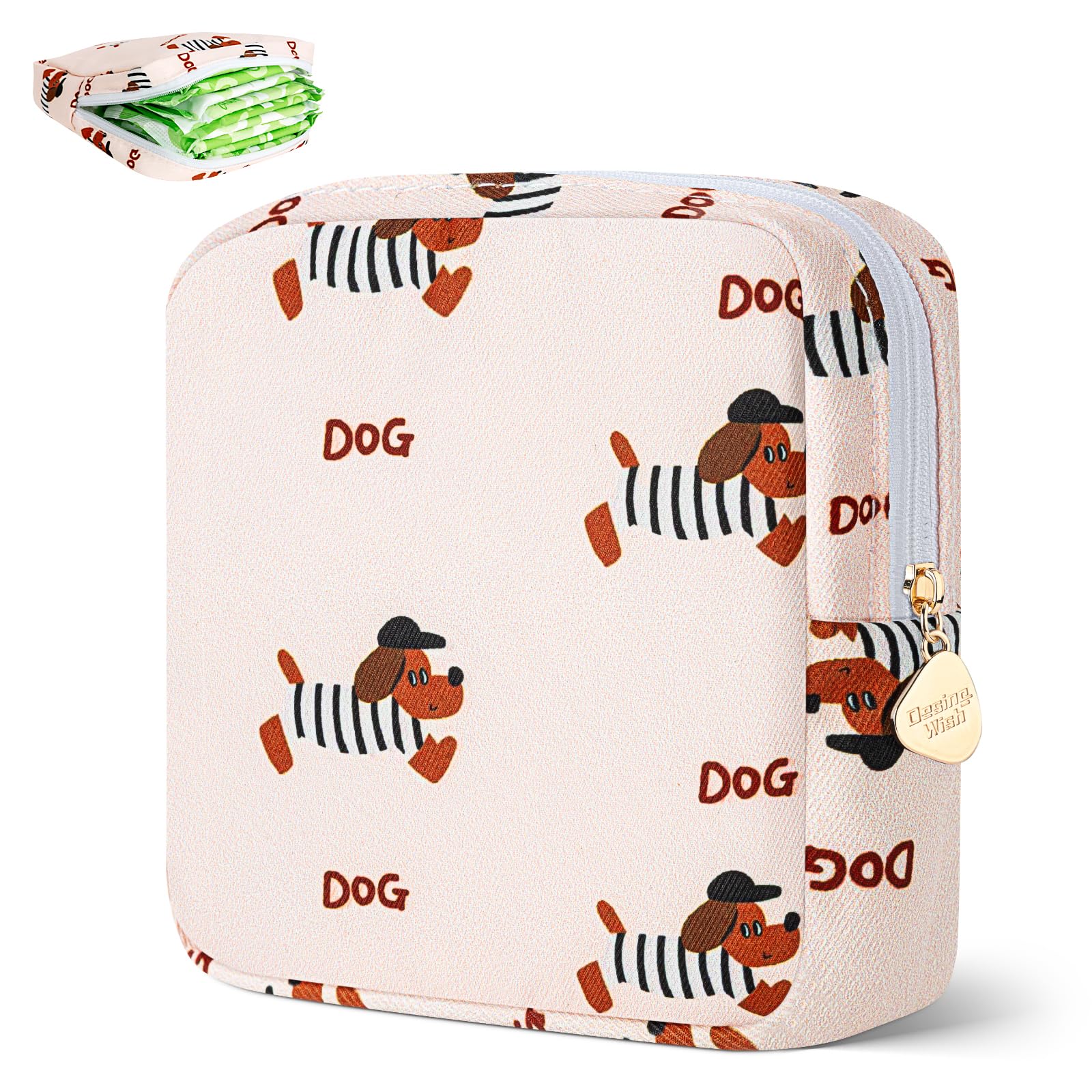 Desing Wish period bag front view with black striped dog print, privacy and easy access on the go.