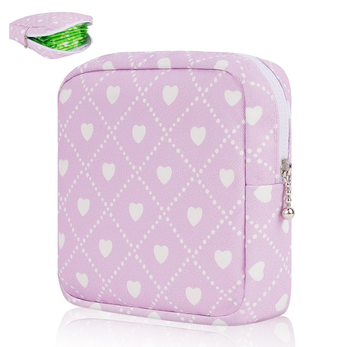 Desing Wish sanitary pad storage bag in purple hearts design provides discreet on-the-go privacy.