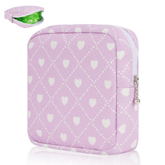 Desing Wish sanitary pad storage bag in purple hearts design provides discreet on-the-go privacy.