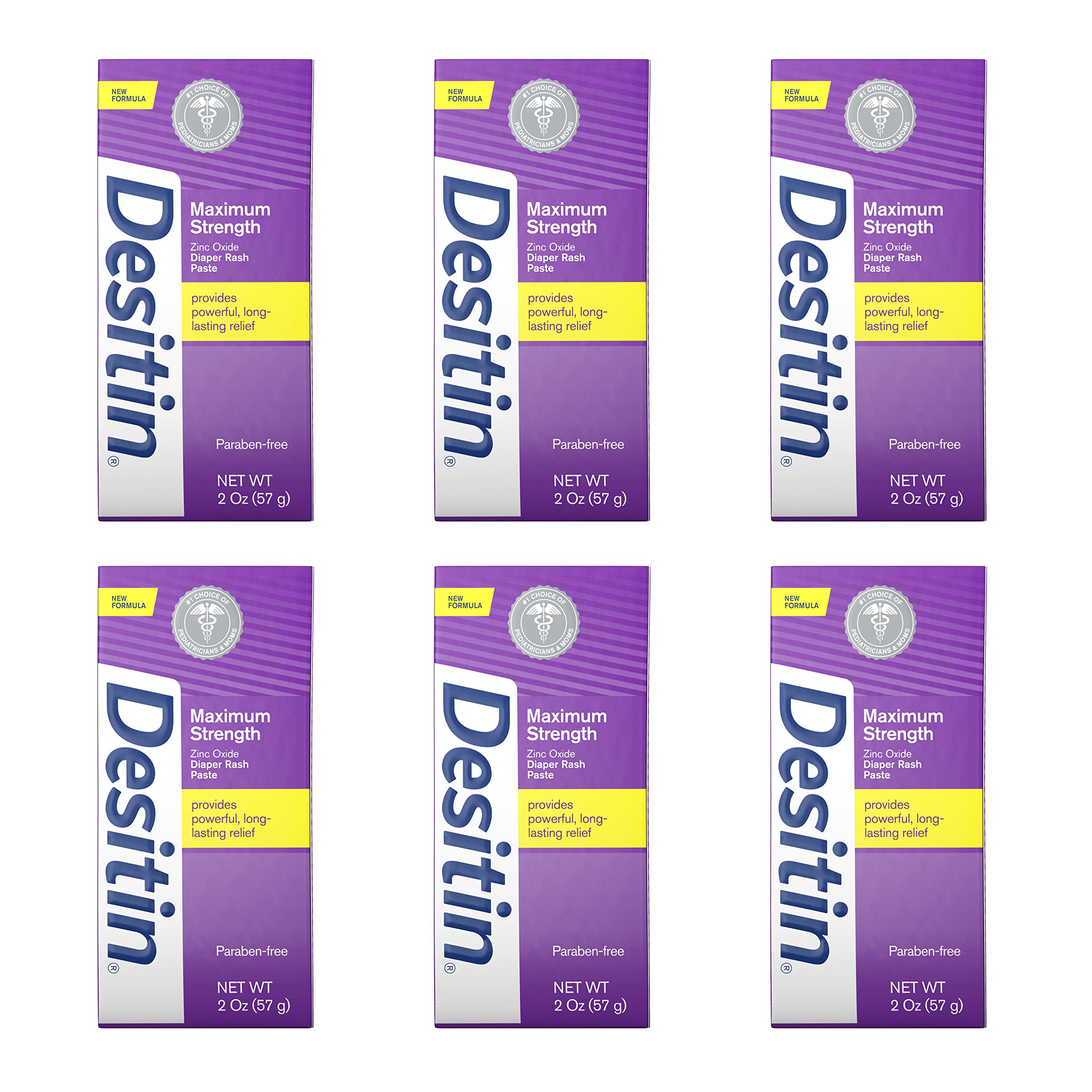 Desitin maximum-strength diaper rash paste tube shows 40% zinc oxide for fast relief.