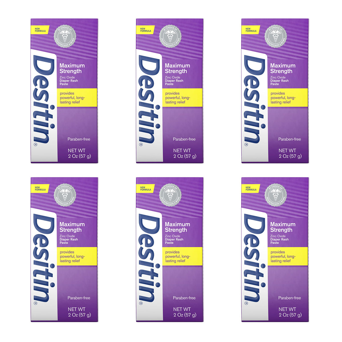 Desitin maximum-strength diaper rash paste tube shows 40% zinc oxide for fast relief.