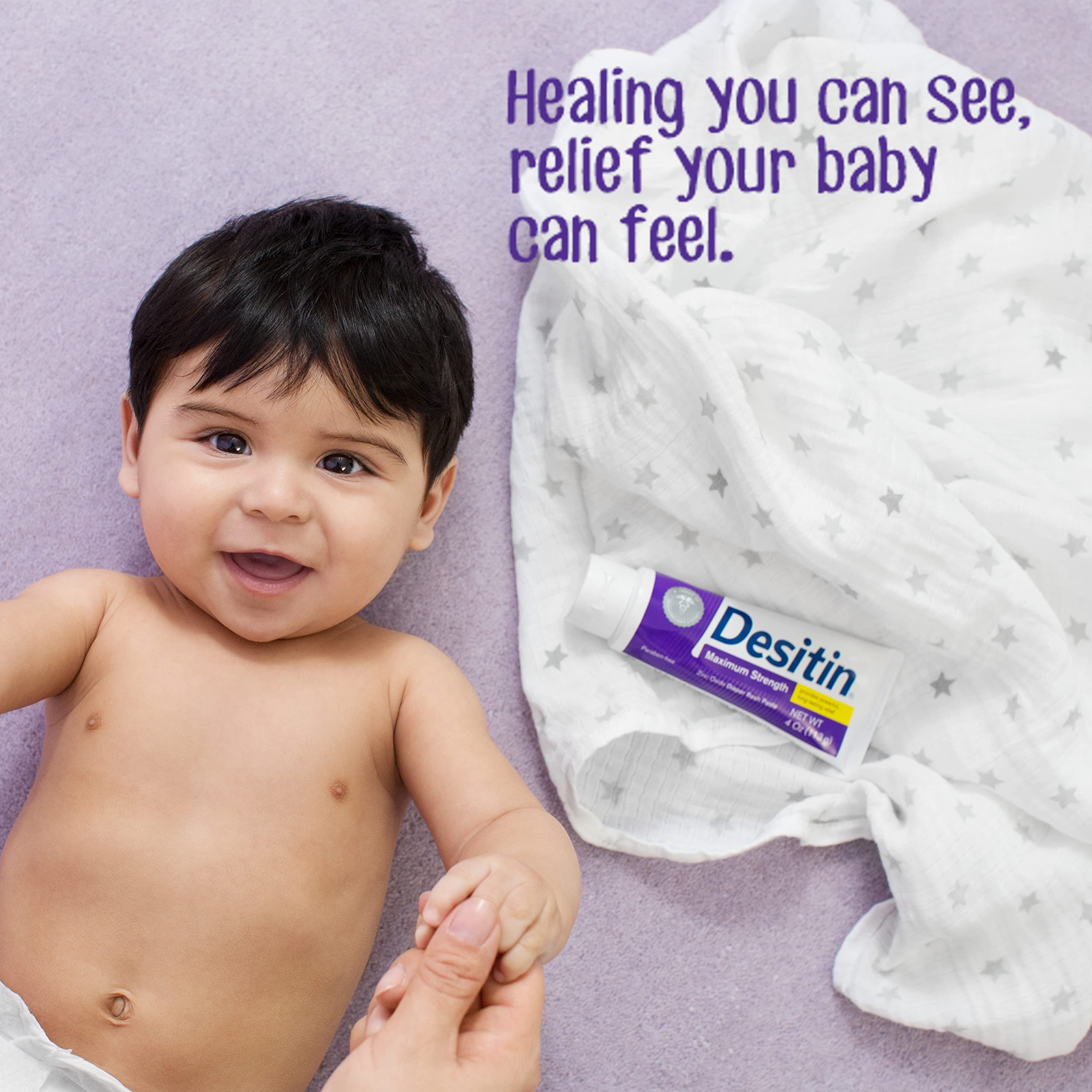 Desitin on-skin application illustrates quick soothing relief for diaper rash.