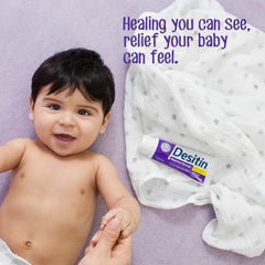 Desitin on-skin application illustrates quick soothing relief for diaper rash.