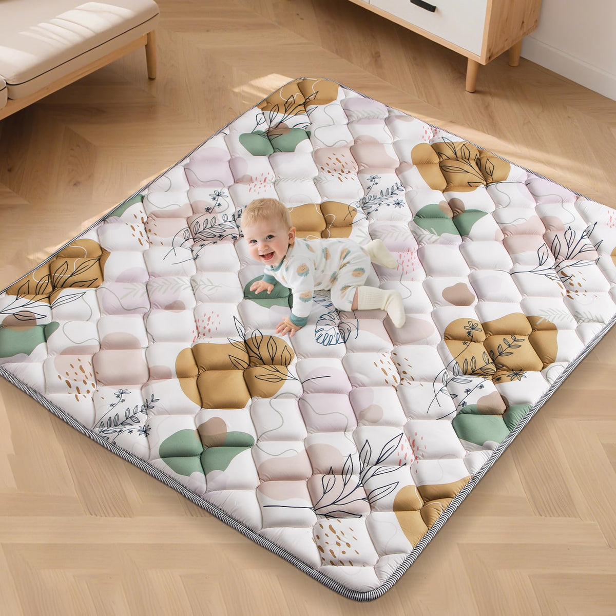 Dessports 65x50in baby play mat with boho pattern cushions tummy time.