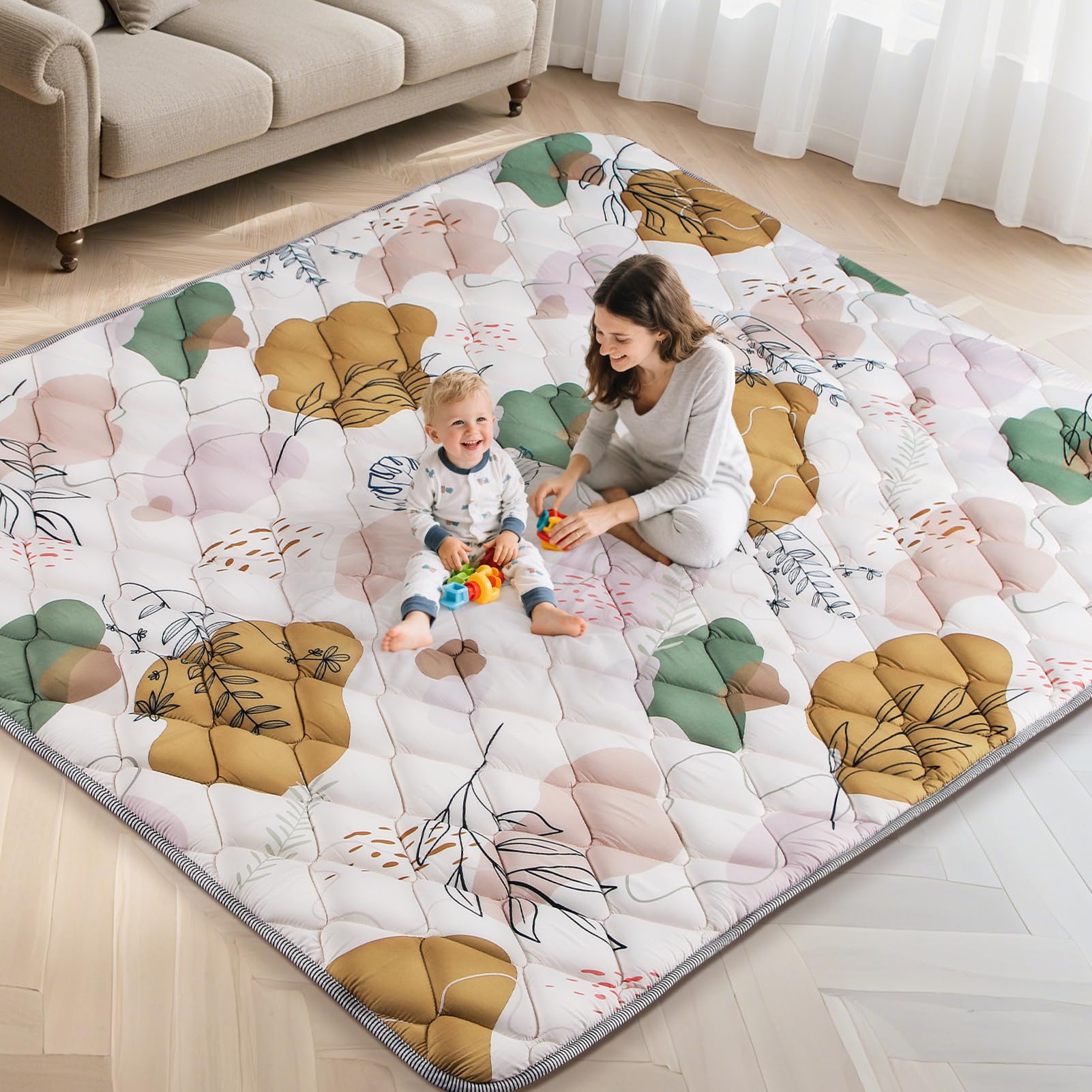Dessports 79x71in baby play mat in boho design provides a soft tummy time surface