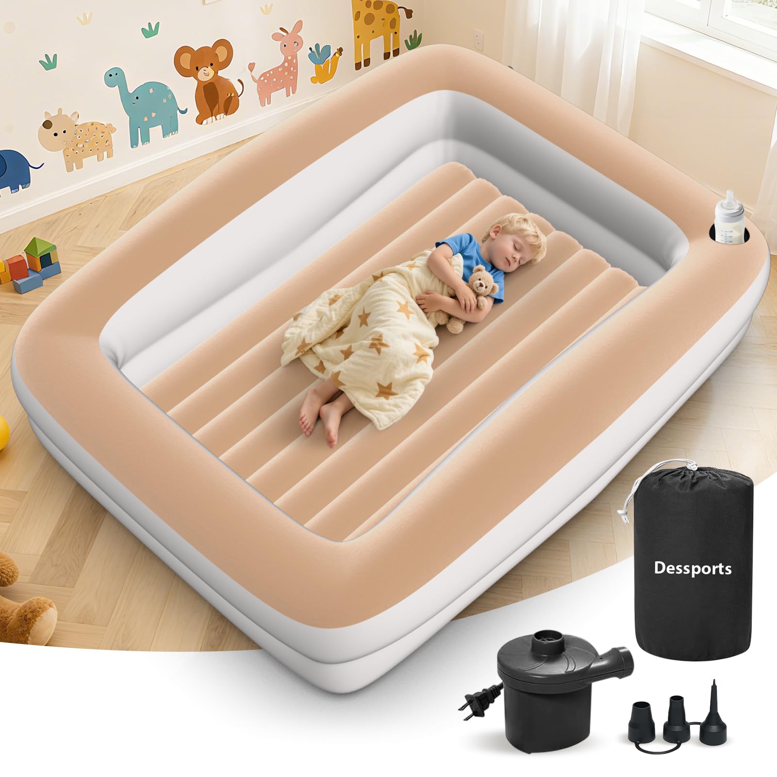 Dessports inflatable toddler bed 67-inch size provides secure sleep while traveling