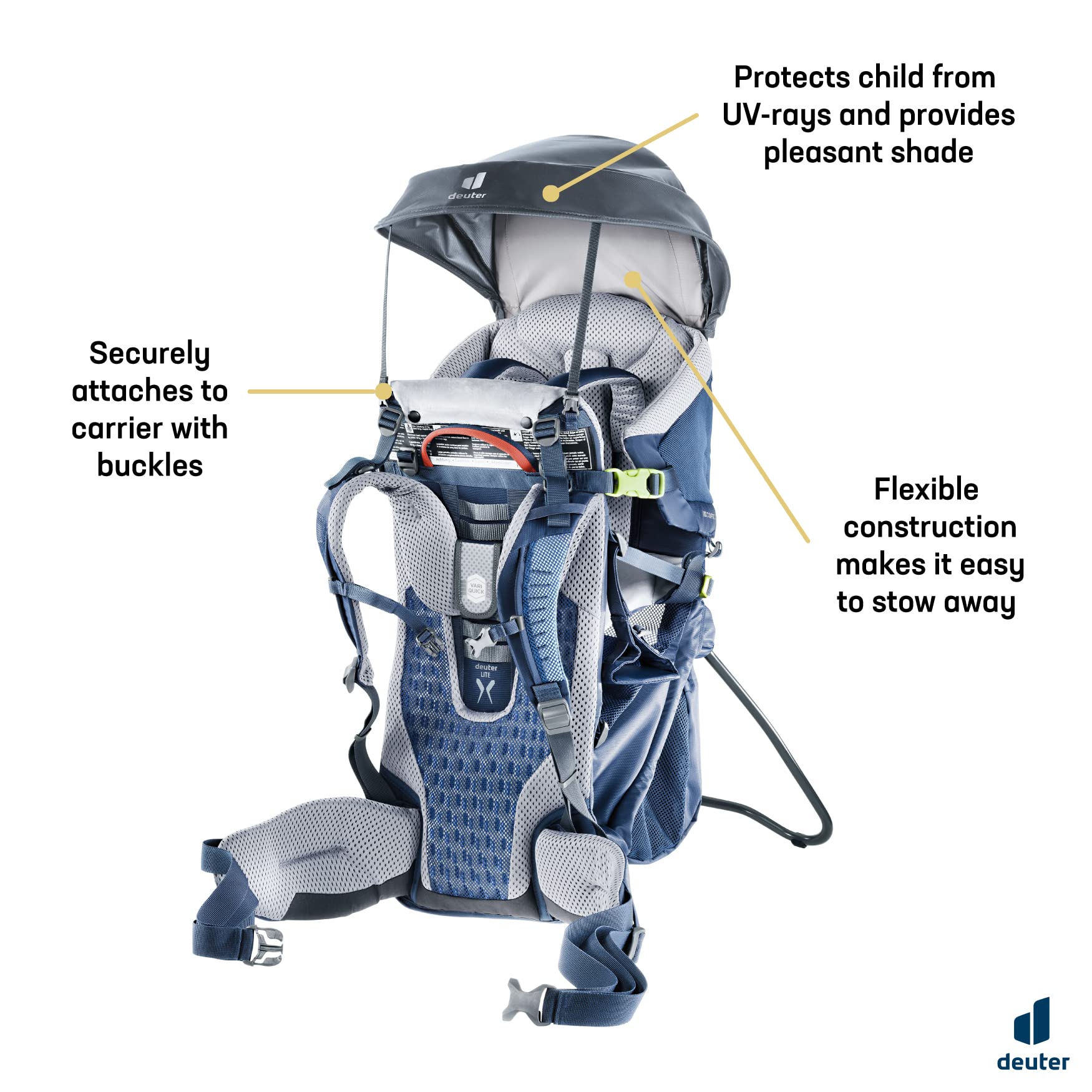 Deuter KC Sun Roof Graphite on a trail provides shade for a child.