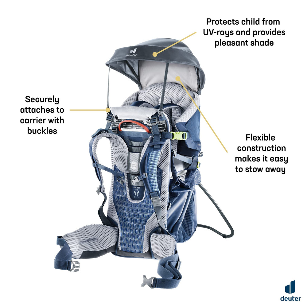 Deuter KC Sun Roof Graphite on a trail provides shade for a child.