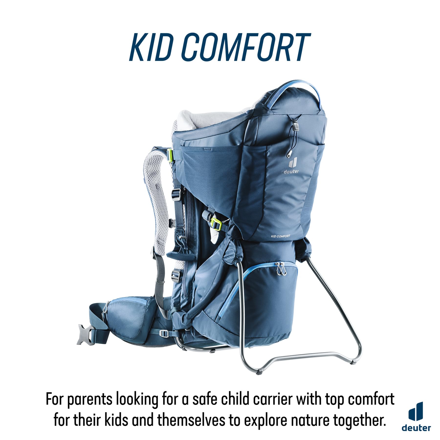 Deuter Kid Comfort front view with sun roof provides shade during adventures.