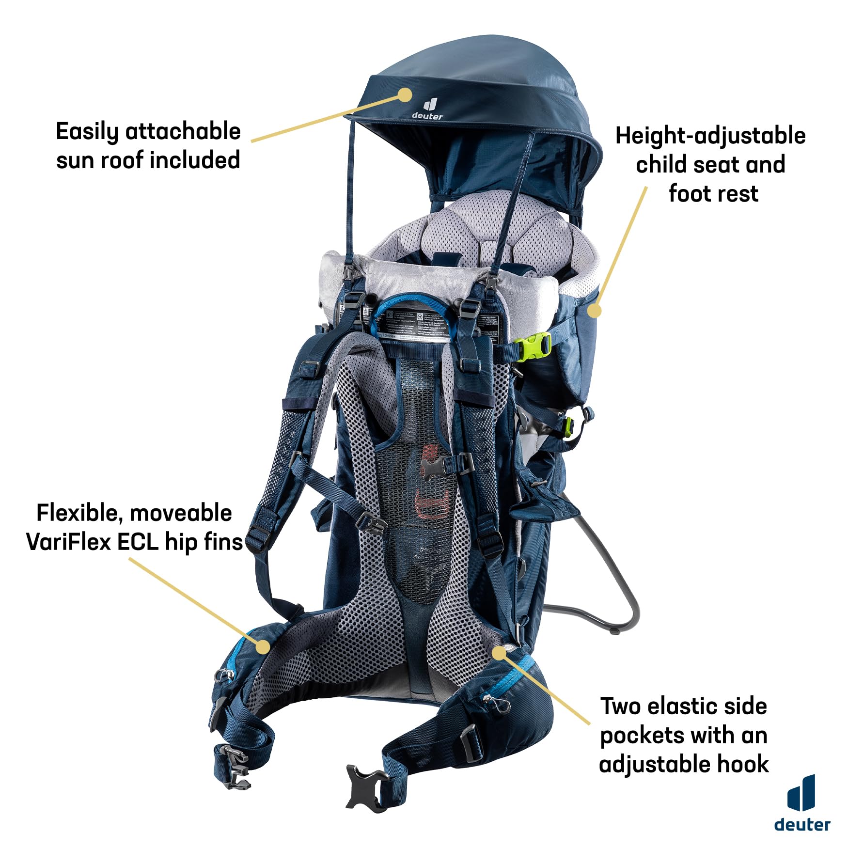 Deuter Kid Comfort hip belt and pull-forward fins offer secure, balanced support.