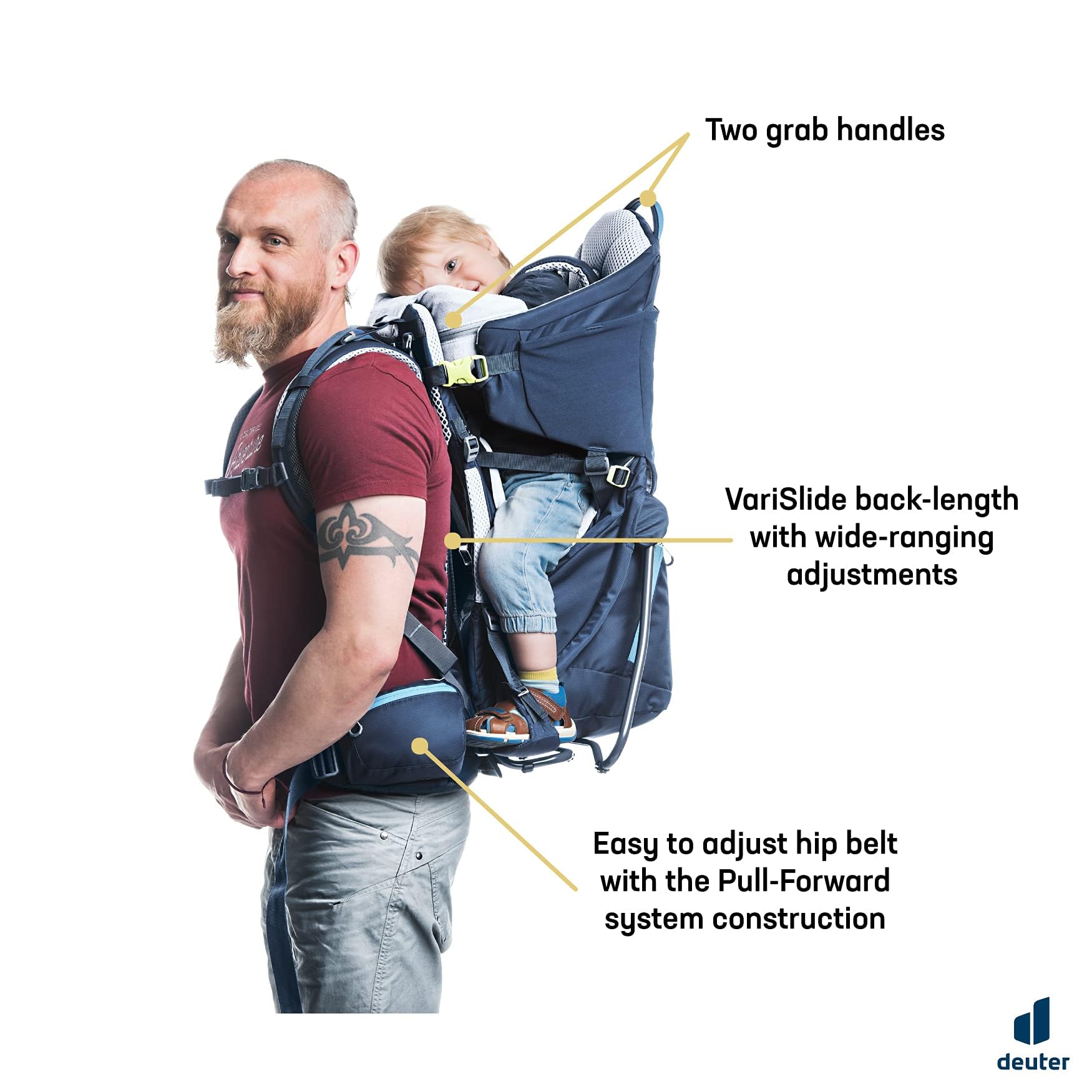 Deuter Kid Comfort Vari Slide back length enables a precise, comfortable fit.