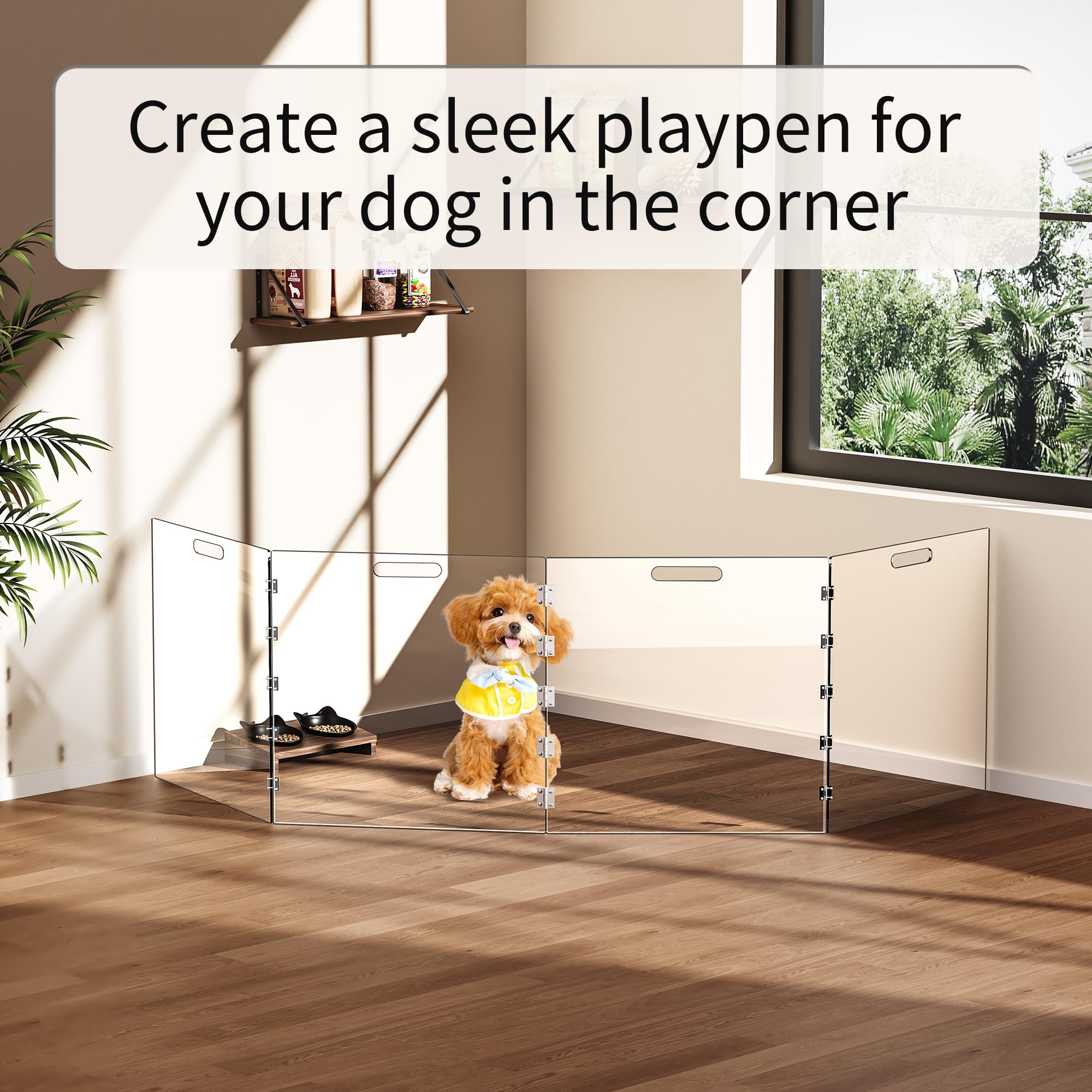 Transparent design preserves visibility while containing pets
