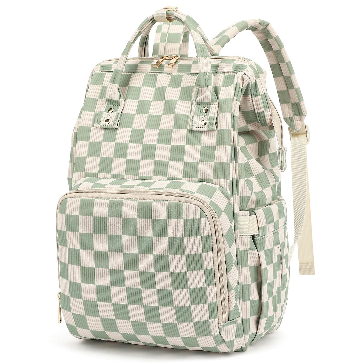 Dezcrab Corduroy Green front view diaper bag backpack for stylish travel.