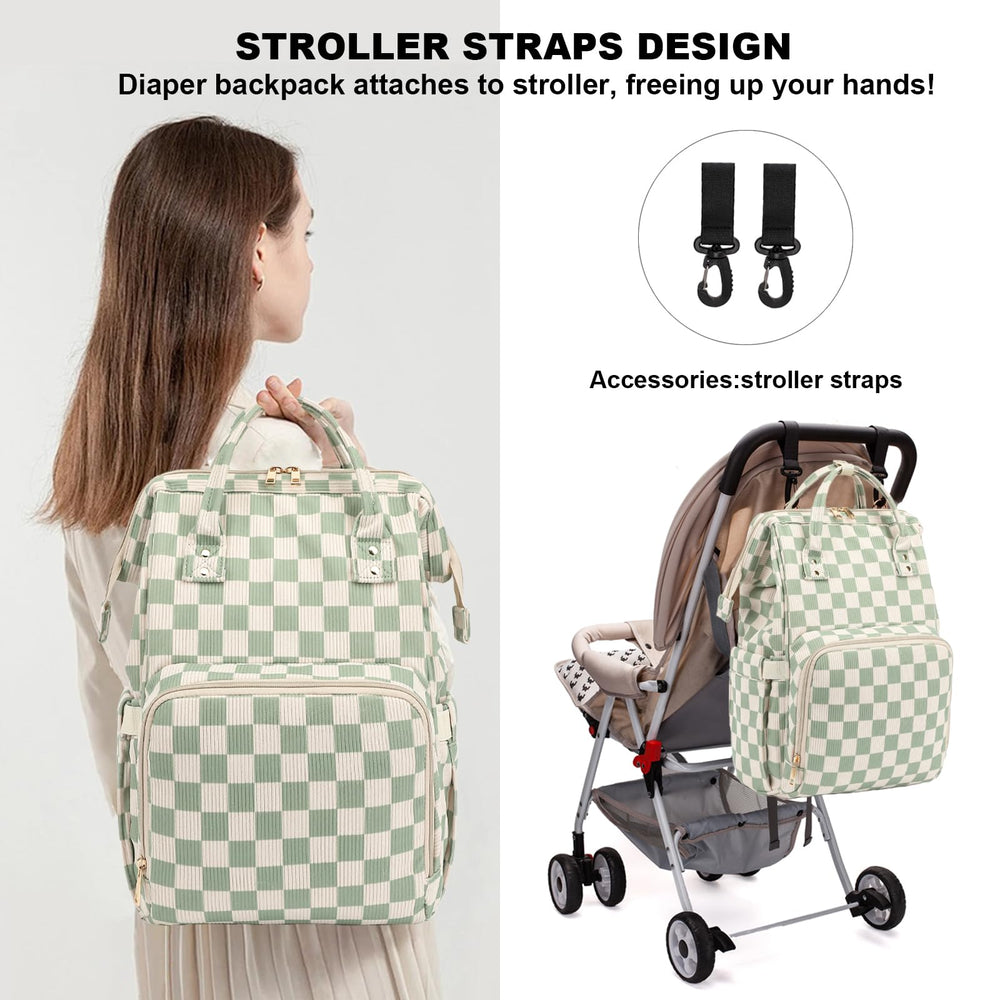 Dezcrab bag attached to stroller with strap for hands-free outings.