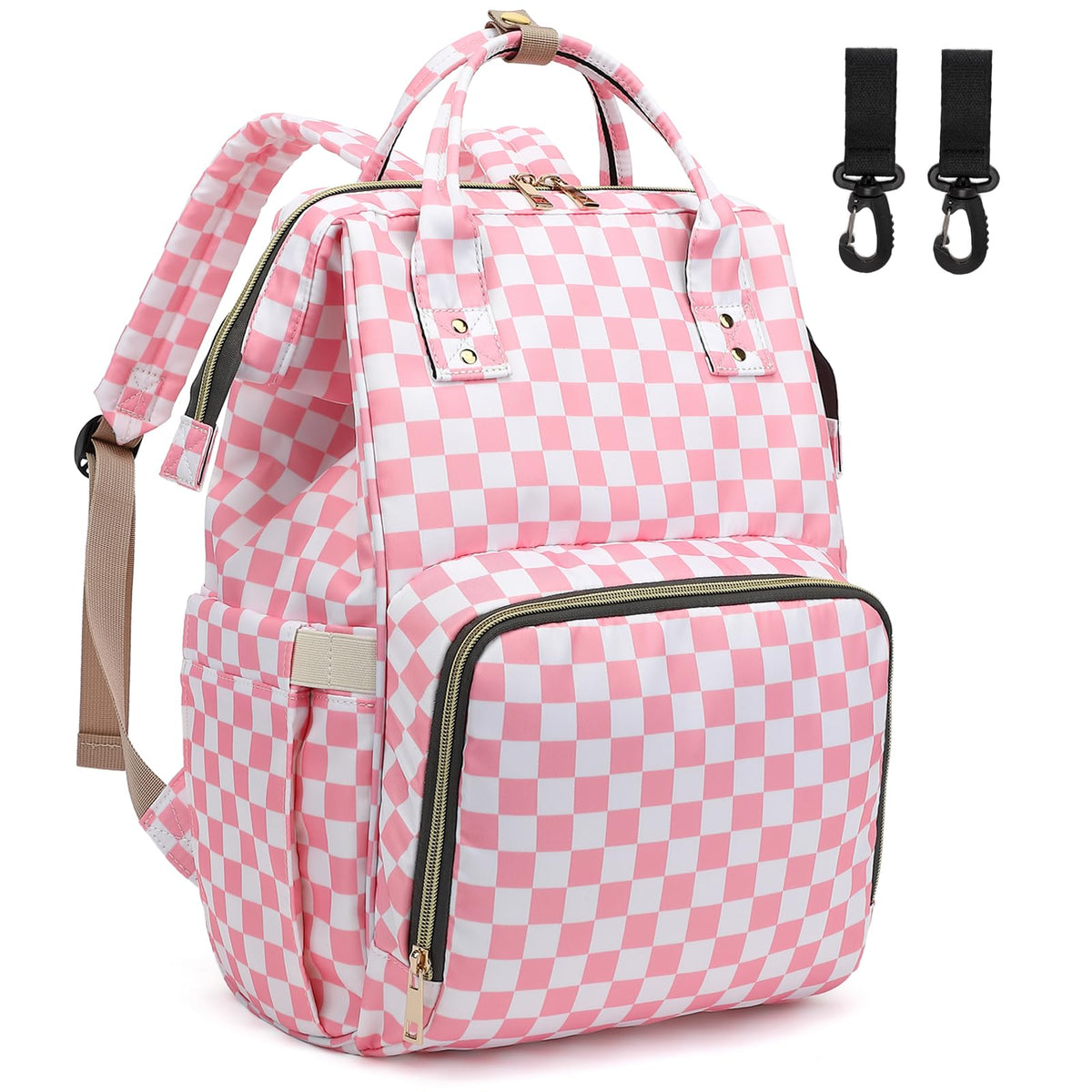 Dezcrab checkered pink diaper bag front view with organized pockets for quick access.