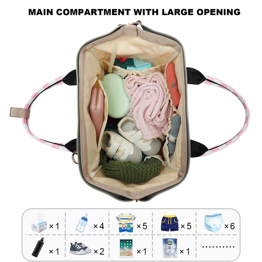 Dezcrab checkered pink diaper bag interior compartments for neat nappy organization.